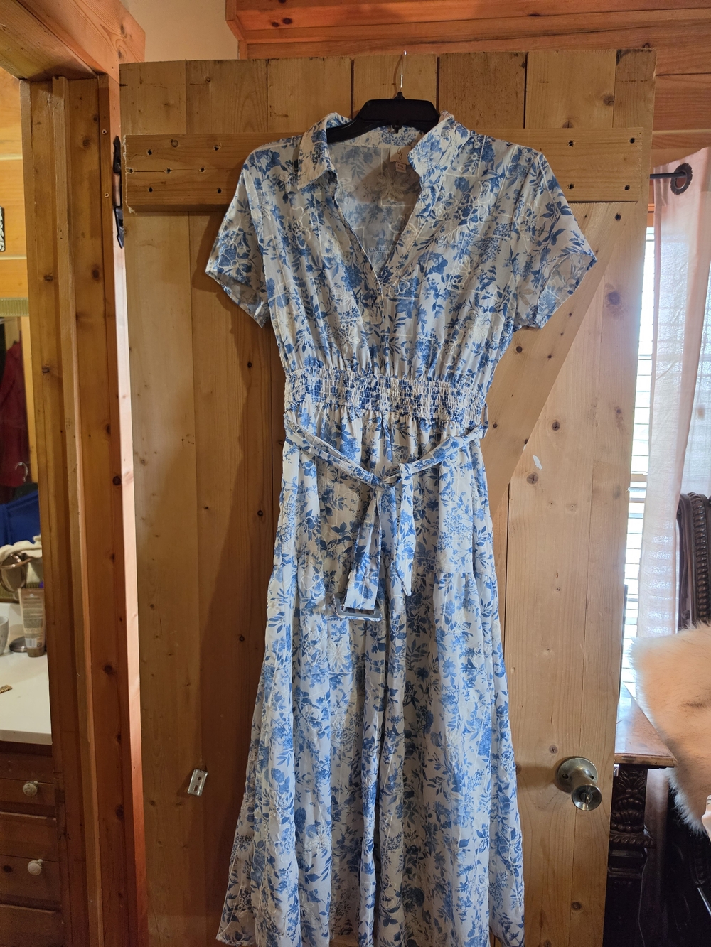 Blue Floral Midi Dress with Tie Waist